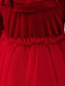 Glamorique Kids Baby Girls' Long Sleeve Dress,Mesh Patchwork Puff Ruffle Collar,Dark Red Autumn Elegant Birthday Christmas Dress Fall Winter,Cute And Sweet - Red - View 6