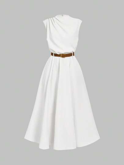 SHEIN MOD Women's Solid Color Sleeveless Dress (With Belt), Back To School Season,Elegant Dresses For Women