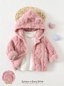 Cozy Pixies 女婴珊瑚绒加厚连帽外套，3D耳朵设计和心形图案 - 粉色 - 查看 8