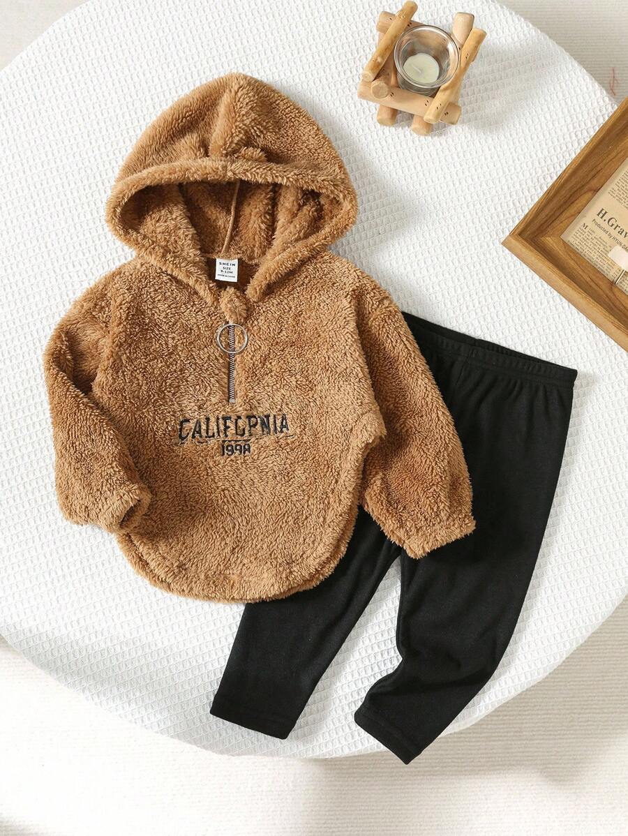 2 件女婴可爱羊毛保暖长袖字母印花连帽衫运动衫和针织打底裤套装，秋冬 - 彩色 - 查看 1