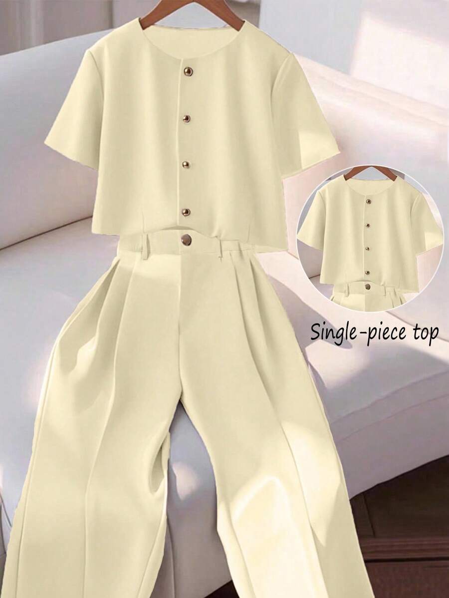 Franclia Fashionable High-End Round Neck Short Sleeve Button-Up Blouse For Women - Apricot - View 1