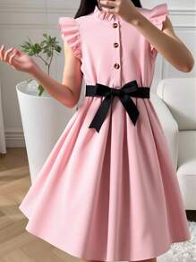 Tween Girl Frill Neck Ruffle Trim Belted Dress - Pink - View 8