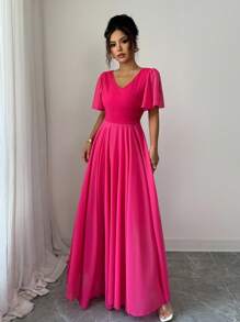 Selianne Ruffled Sleeve Waist Cinched V-Neck A-Line Minimalist Elegant Romantic Sophisticated Women Dress - Hot Pink - View 4