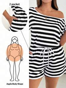 SHEIN Essnce Plus Size Women's Romper, Casual Striped Romper,Summer Women Dresses One Piece Outfit Jumpsuit,Shorts Women Rompers,Summer Shoulder Women's Clothing, Short-Sleeved Jumpsuits