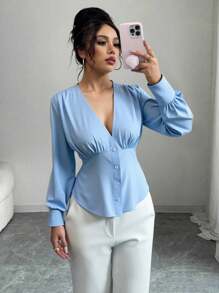 Franclia 女士长袖单排扣褶裥衬衫，腰部收褶设计，适合大学穿着 - 藍色 - 查看 3