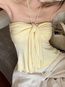 INAWLY Top halter sin espalda de unicolor casual para mujer, amarillo - Amarillo - Ver 3