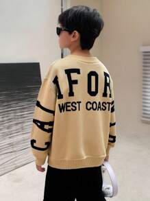 SHEIN Tween-Jungen Lässiger Rundhalspullover mit Buchstabengrafik im koreanischen Stil, lockerer Strick, geeignet für Pendeln, Schule, Alltagskleidung, Sport, Herbst/Winter - Khaki - Übersicht 2