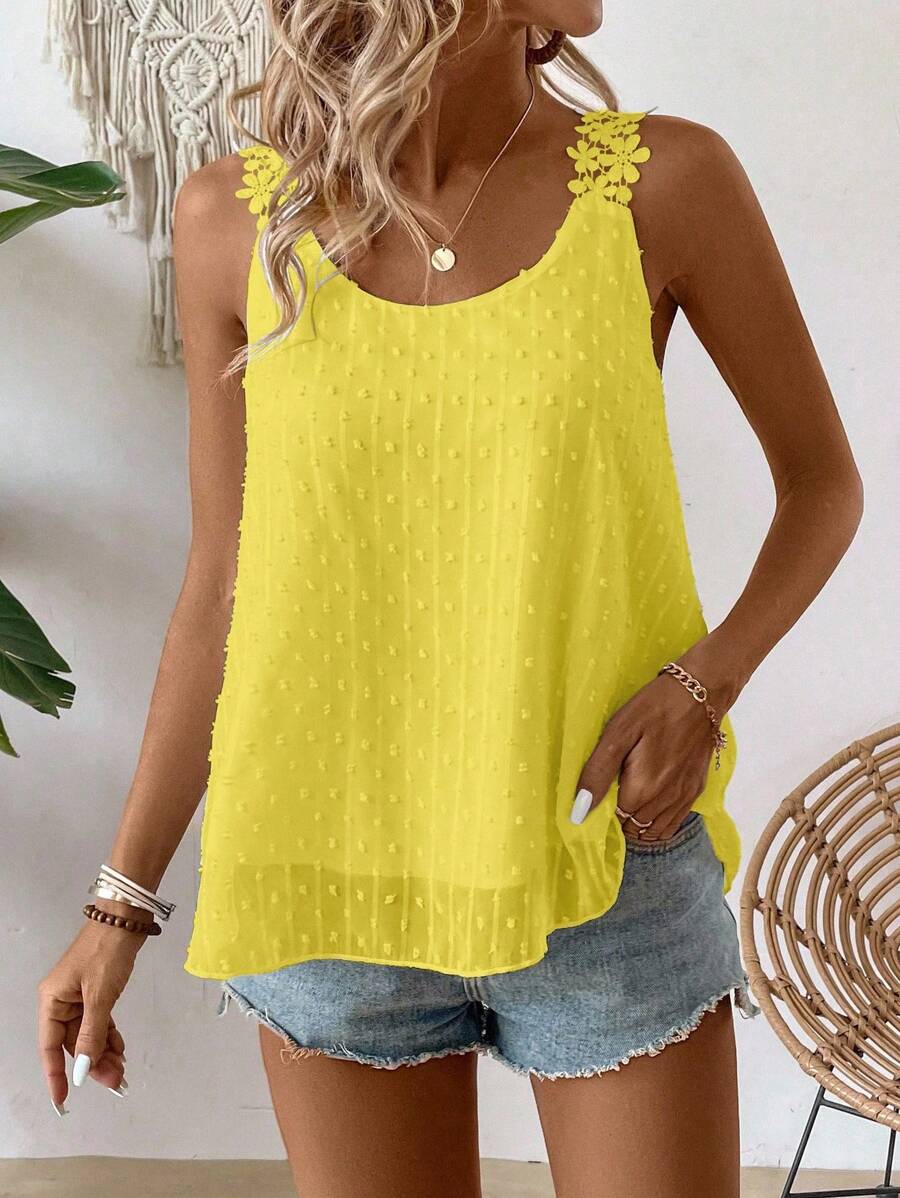 EMERY ROSE Women's Vacation Shoulder Applique Design Loose Fit Tank Top - Yellow - View 1
