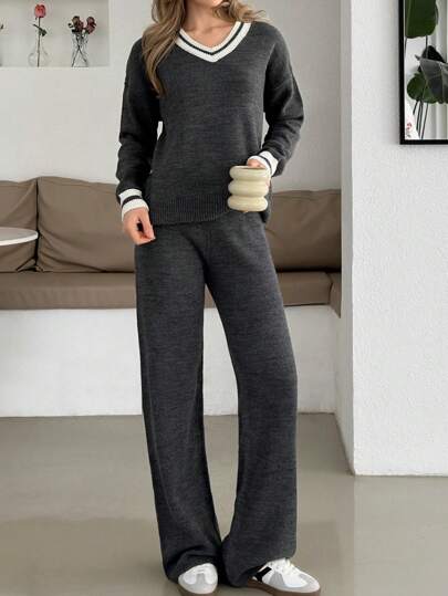 EURMUSE R Womens Loungewear Sets 2 Piece Lounge Sets Women Loungewear Women Womens Knit Set  V NECK Sweater Wide Leg Knit Pants Autumn Clothes,Petite Co Ord,Co Ord,Petite