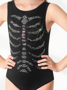 SHEIN Tween Girls Halloween Leotards, Rhinestone Graphic, Gymnastics, School Competition Sportswear Fall Winter - Black - View 5