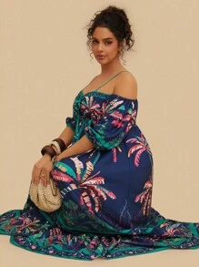 Levarali Plus Size Women's Vintage Boho Casual Bohemian Style Tropical Plant Print Long Dress Beach Vacation Party Navy Blue Summer - Multicolor - View 8