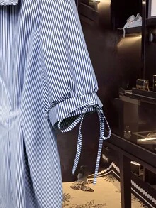 SHEIN LUNE Plus Size Blue & White Striped Commuter Printed Unique Collar Shirt