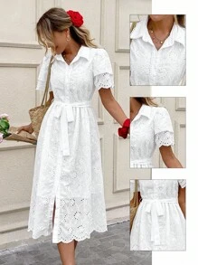 SHEIN LUNE 大码女式度假花卉刺绣荷叶边短袖单排扣衬衫裙