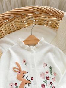 SHEIN Cardigan a maglia a manica lunga con bottoni singoli, con ricamo di conigli cartoni animati e fiori, con volant, per neonata