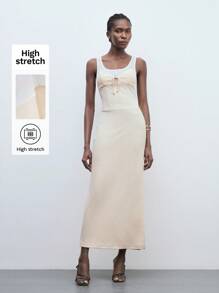 Maija Women's Casual Khaki Midi Dress: Sleeveless Scoop Neck Knitted Semi-Sheer Dress With Zipper Detail - Khaki - View 1