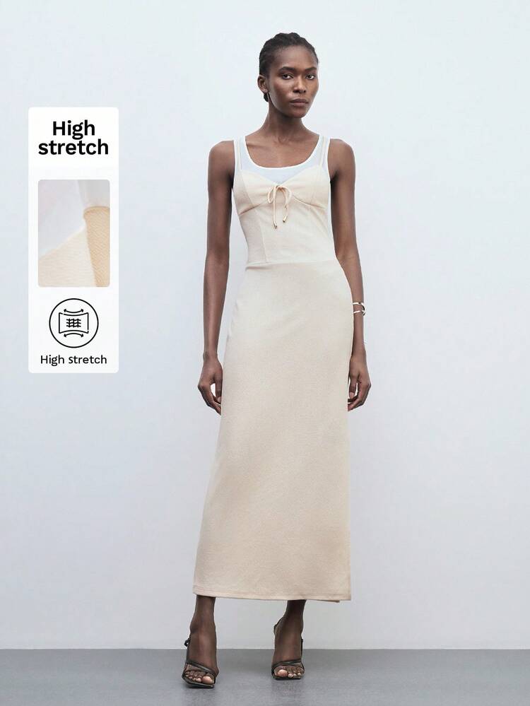 SHEIN Maija Women's Casual Khaki Midi Dress: Sleeveless Scoop Neck Knitted Semi-Sheer Dress With Zipper Detail