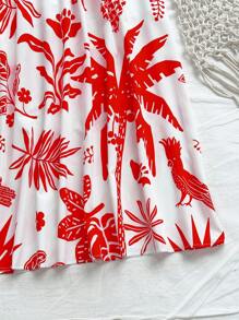 Soleia 女士蓝白热带鸟、棕榈树、花卉印花腰部收腰 A 字中长连衣裙，度假风格