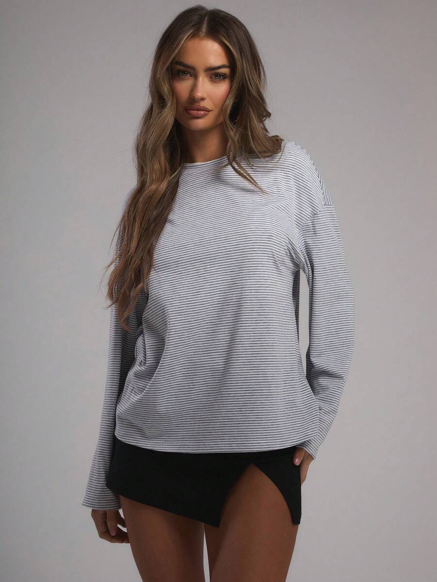 MUSERA Jersey Stripe Oversized Slouch Top Casual Everyday Oversized Tee Airport Back To School Spring Summer Holiday Fall Autumn - Multicolor - View 1