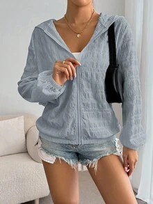 SHEIN Essnce 秋冬女士休闲纯色纹理连帽夹克 - 霧霾藍 - 查看 7