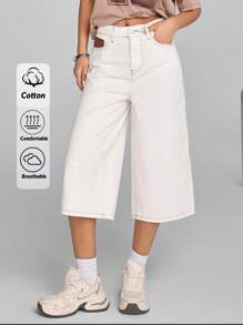 EURMUSE Quần Jeans Ống Rộng Dáng Rộng Có Túi Cho Nữ, Đa Năng - trắng - Xem 1