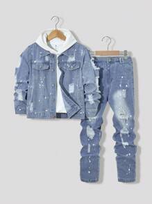 Bộ áo khoác denim và quần jeans cho bé trai TWEEN, Áo khoác denim giặt cũ phong cách đường phố kết hợp với quần jeans denim giặt cũ ống đứng, Trang phục denim thời trang cho bé trai, Hàng mới về - Rửa trung bình - Xem 3