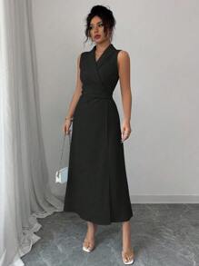 Elenzga 女士夏季优雅纯色无袖连衣裙 - 黑色 - 查看 5