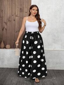 SHEIN LUNE Quần ống rộng dáng suông thoải mái, họa tiết chấm bi, cạp chun, dành cho nữ, kiểu dáng giáo viên, thích hợp mặc ở nhà. - Đen và trắng - Xem 4