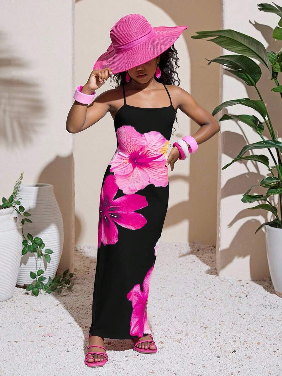 SHEIN 女童花卉图案修身休闲舒适吊带中长连衣裙 - 黑色 - 查看 1