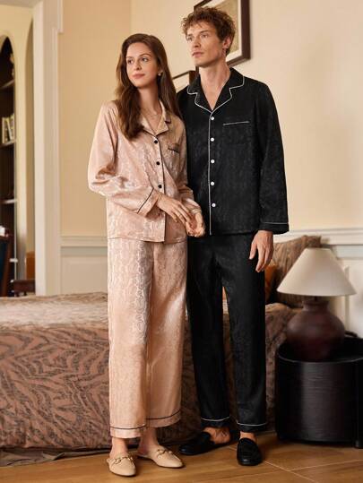 SHEIN EverLounge Women's Vintage Jacquard Top & Pants Pajama Set, Suitable For Outdoor Wear, Fall Winter Clothes