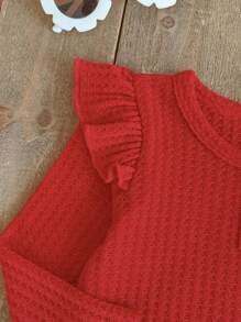 SHEIN Vintaside Kids 女宝宝两件套：樱桃刺绣牛仔裤+红色荷叶边长袖针织毛衣，甜美田园风穿搭，日常休闲装，可爱又时尚，适合外出、聚会、派对 - 紅色 - 查看 4