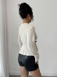 Elenzga 女士优雅腰部收腰针织开衫，秋冬 - 杏色 - 查看 3