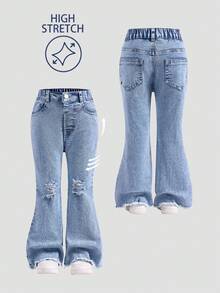 SHEIN Explorewe Young Girls' Distressed Skinny Fit Elastic Denim Jeans, Washed Light Blue, Casual & Fashionable Fall Winter Baggy Jeans Y2k Bellbottoms Jeans - Light Wash - View 1