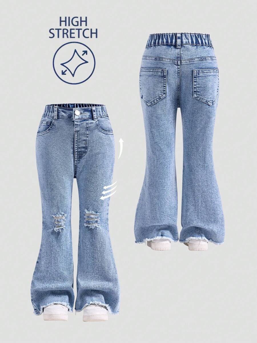 SHEIN Explorewe Young Girls' Distressed Skinny Fit Elastic Denim Jeans, Washed Light Blue, Casual & Fashionable Fall Winter Baggy Jeans Y2k Bellbottoms Jeans - Light Wash - View 1