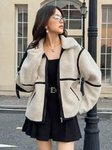 SHEIN 少女杏色仿毛领宽松休闲通勤外套，适合秋冬季日常通勤 - 杏色 - 查看 6