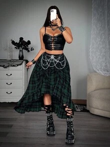 Chân váy chữ A kẻ caro lưng thun co giãn xếp ly cỡ lớn Whyspr dành cho nữ phong cách tối màu thường ngày có viền nhún bèo - màu xanh lá - Xem 3