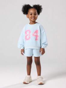Bộ đồ phối màu hồng pastel cho bé gái Newport Beach California Áo nỉ Varsity kèm quần short phù hợp Trang phục thường ngày Bộ sưu tập Thu Đông - Màu xanh nhạt - Xem 1