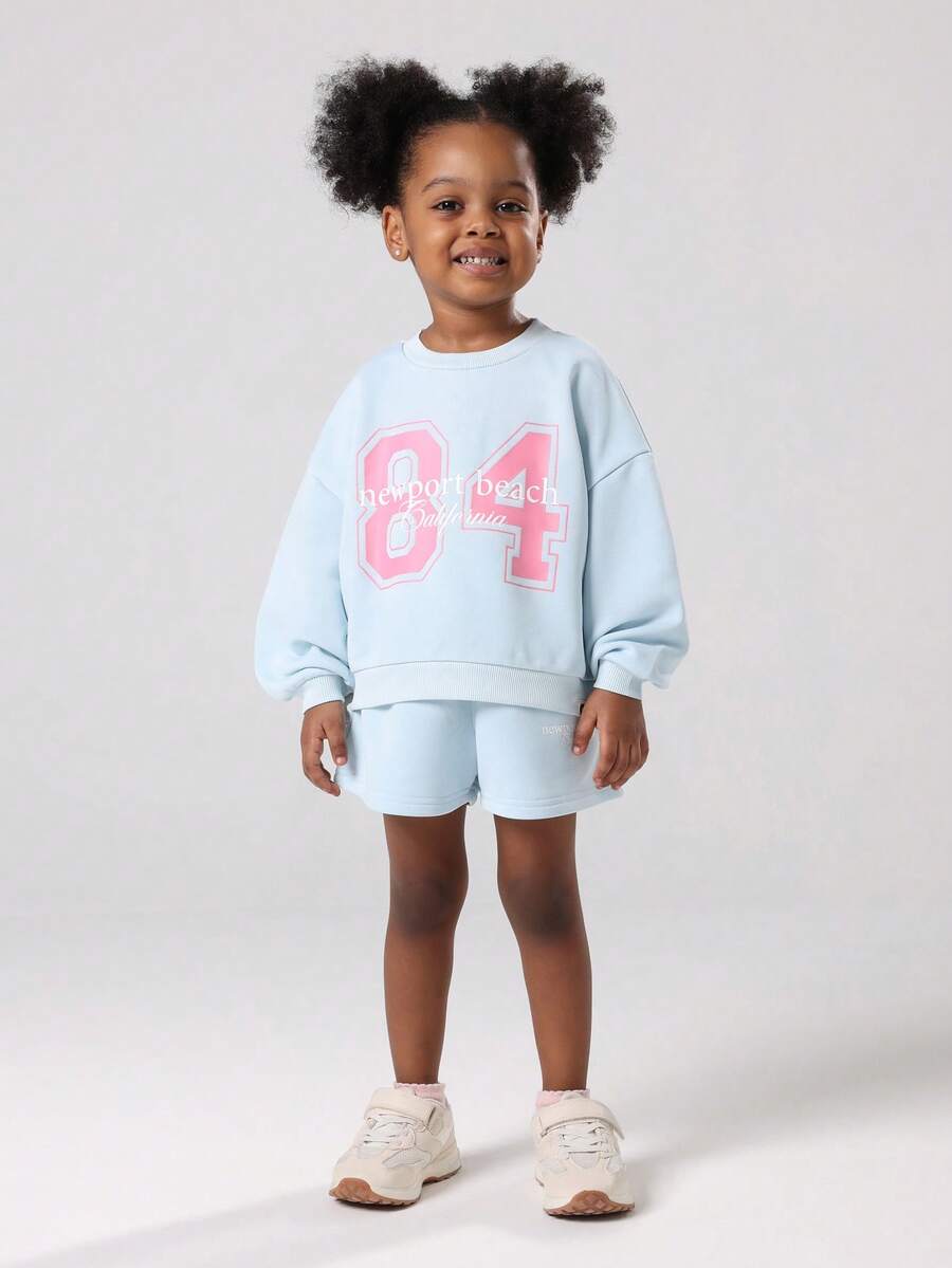 Bộ đồ phối màu hồng pastel cho bé gái Newport Beach California Áo nỉ Varsity kèm quần short phù hợp Trang phục thường ngày Bộ sưu tập Thu Đông - Màu xanh nhạt - Xem 1