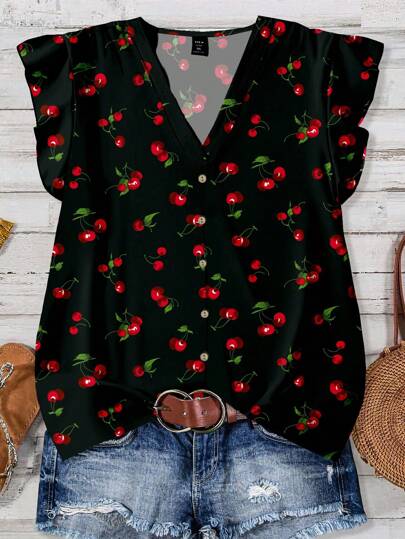 Mellowie VCAY Vacation Cute Cherry Print Loose Casual Plus Size Women Shirts, Suitable For Summer Cherry Shirt Women Cherry Print Blouse Women Blouses Summer,Going Out Tops Autumn And Winter Chic Blouses For Women