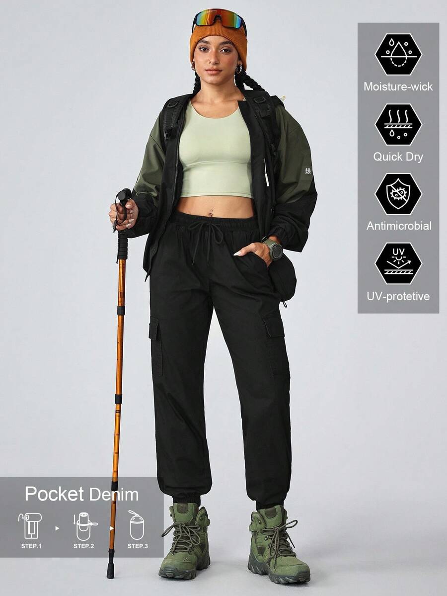 Flexra 女式抽绳腰带口袋锥形休闲牛仔裤 - 黑色 - 查看 1