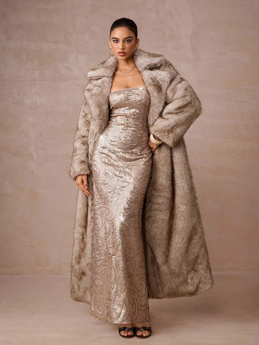 Lumalex Vestido de sirena con textura ondulada de lentejuelas para mujer, necesario para fiestas de otoño e invierno, elegante, glamoroso, de nuevo estilo, de lujo, para fiestas, reuniones, banquetes, modestos, de brillo, para fiestas, festivales, vacaciones, bodas, Eid Al-Adha, Año Nuevo, con decoración perlada, en color champán y dorado