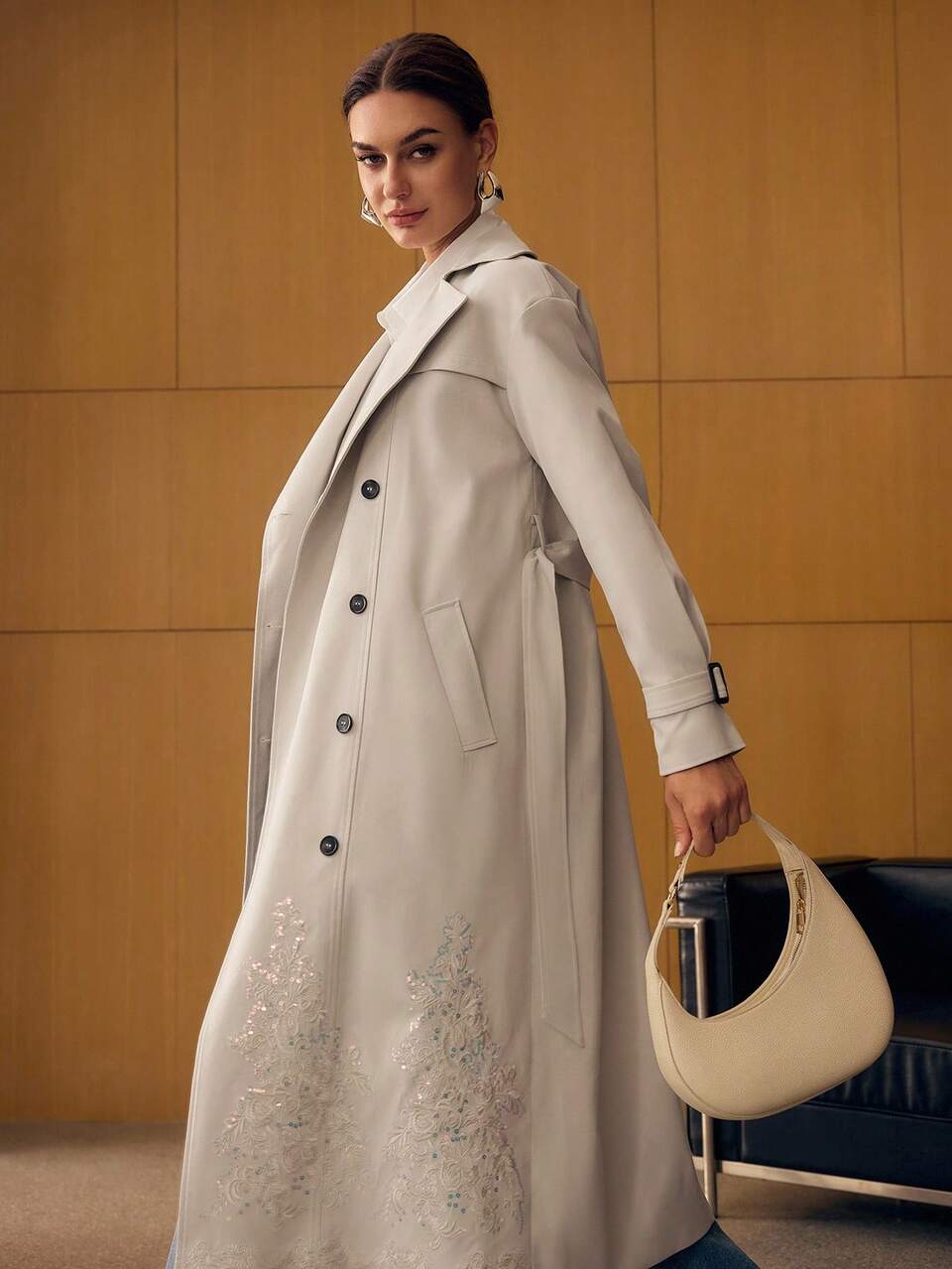 EMBROIDERY DOUBLE BREASTED TRENCH COAT