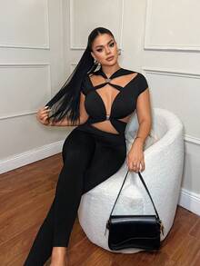 SHEIN SXY 时尚黑色镂空性感紧身连衣裤 - 黑色 - 查看 3