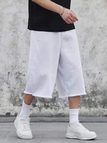 Claim Dot Plus Size Men's White Denim Mid-Length Frayed Hem Shorts Versatile For Daily Wear - White - View 5