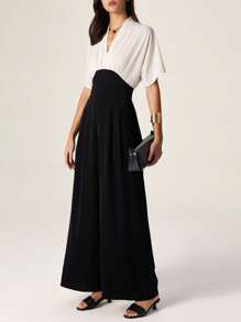 Modelyn Fashionable New Simple Color Block Women Batwing Sleeve Jumpsuit - Black - View 6