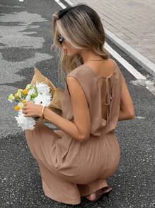 Serisse Bộ đồ liền thân ống rộng cổ chữ V buộc eo màu trơn không tay cho nữ - Màu Khaki - Xem 4