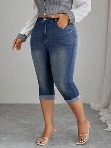 Elenzga Plus Size Women's Fashion Casual Embroidered Cuffed Pants - Dusty Blue - View 6