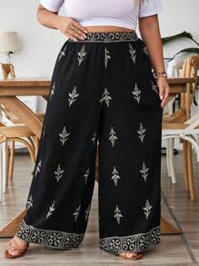 SHEIN CURVE+ Plus Size Women's Geometric Print Loose Linen Casual Pants, Breathable Summer - Black - View 8