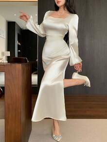 Celisse 女士优雅纯色灯笼袖鱼尾连衣裙 - 杏色 - 查看 4