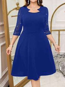 Reflora Plus Size Women's Rhinestone Mesh 3/4 Sleeve Elegant Dress - Royal Blue - View 7