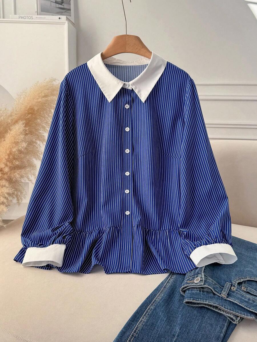 CosyJoli Plus Size Women's Blue Striped Casual Blouse,Fall Clothes For Women